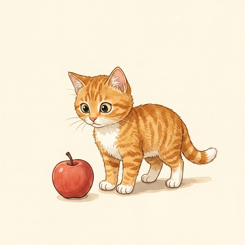 Cat standing at an apple