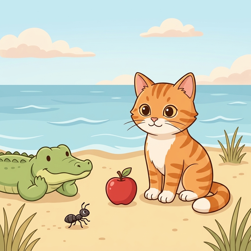 Cat in a simple story scene with ant, cat, sat