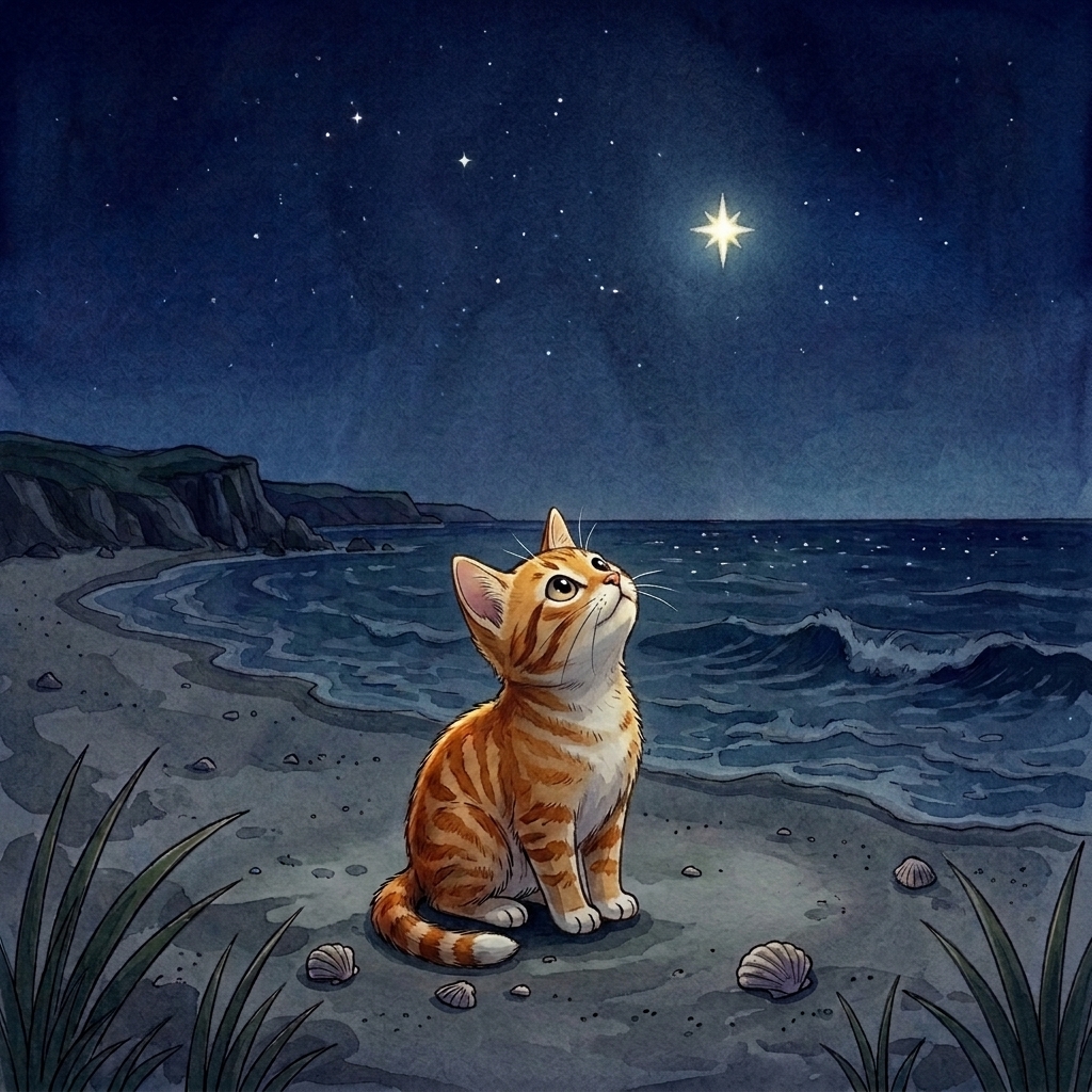 Beach Cat sees a bright star high in the night sky
