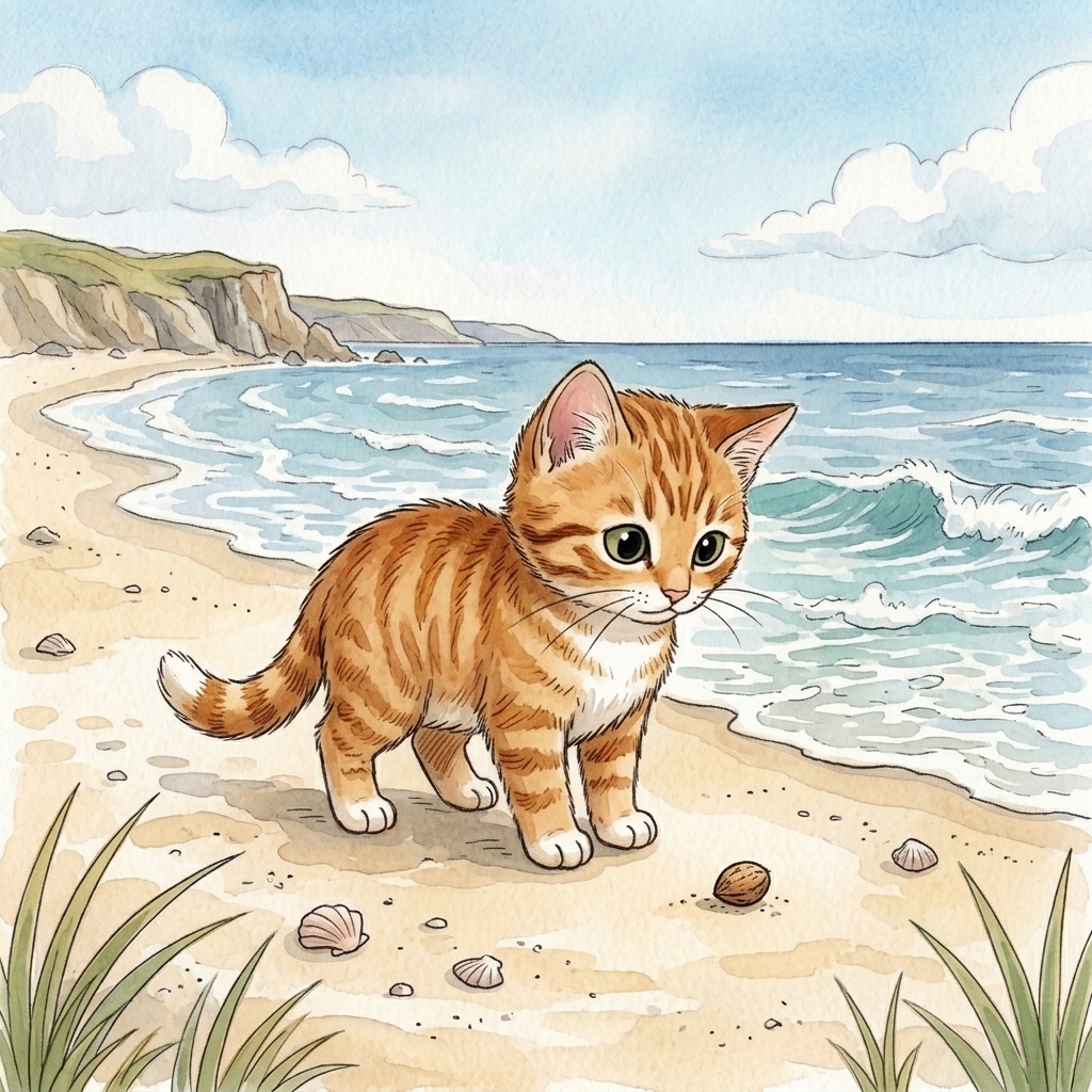 Beach Cat sees a seed by the sea