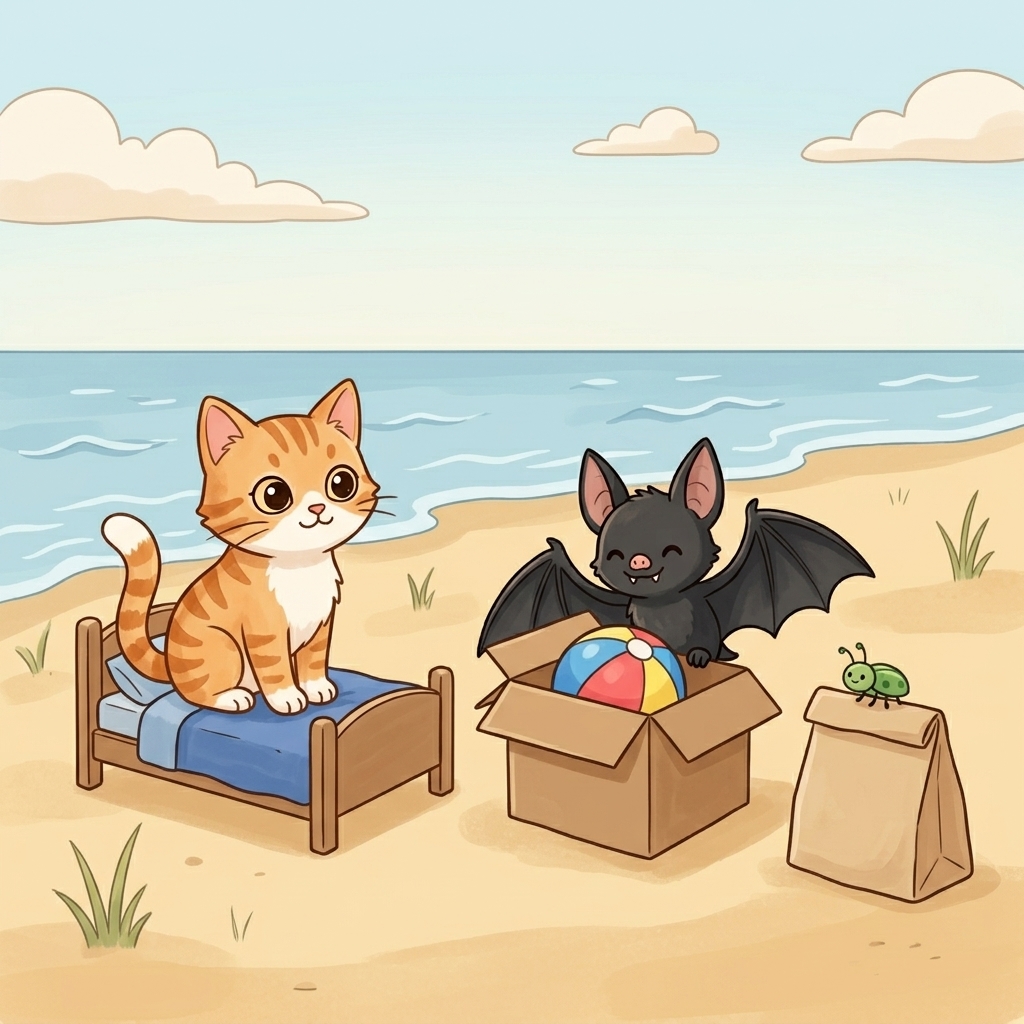 Cat in a simple story scene with bat, bed, bug