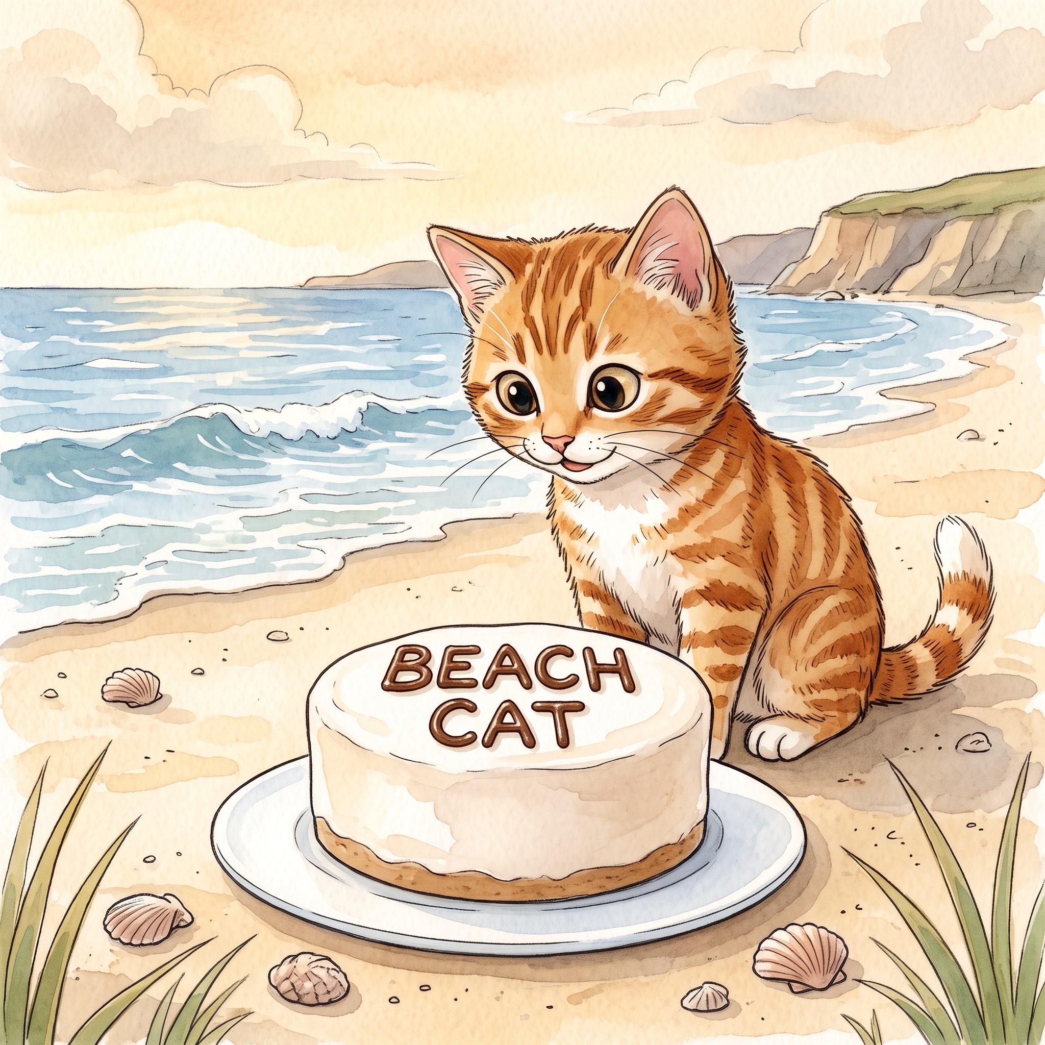 Beach Cat with a cake on a plate