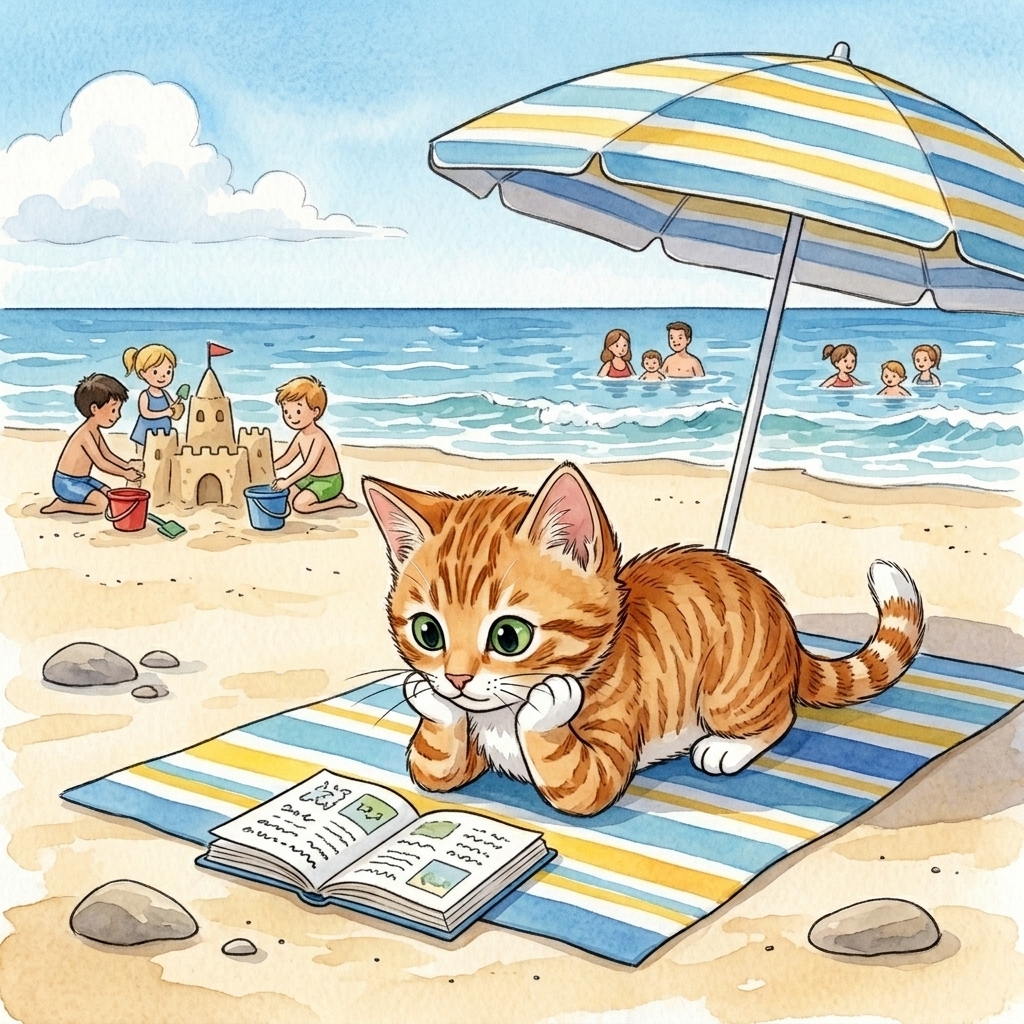 Beach Cat sits by the sea on a sunny beach