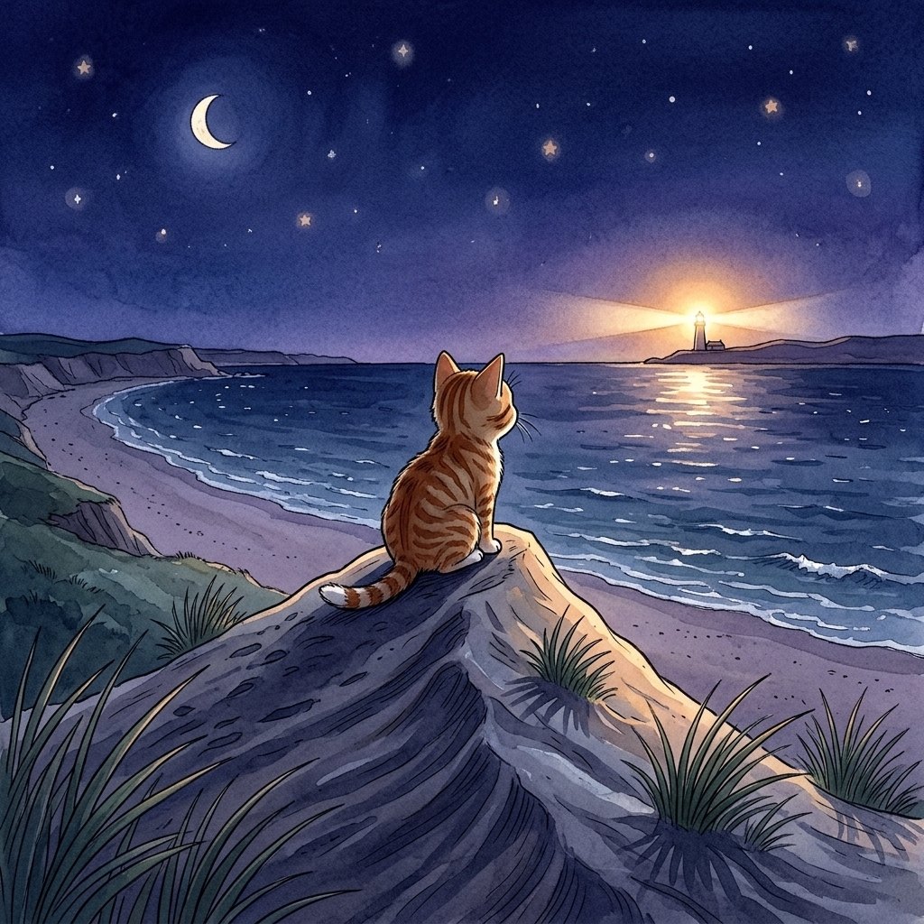 Beach Cat climbs high and sees a bright light at night