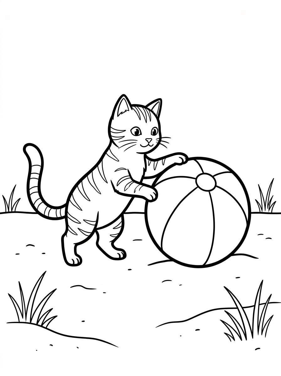 Beach Cat coloring page with a beach ball