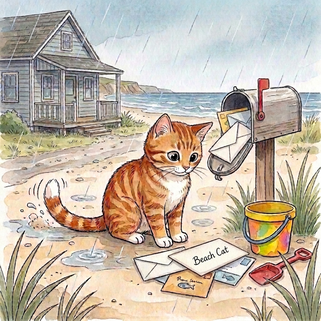 Beach Cat finds mail by the shore after rain