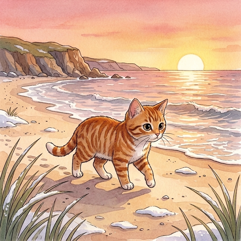 Beach Cat walks slowly by the shore as the sun sits low