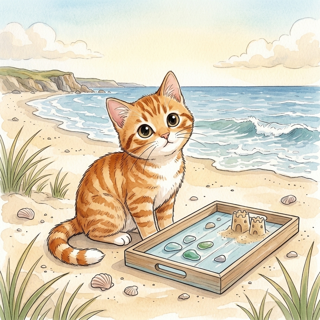 Beach Cat has a tray of shells on a sunny day