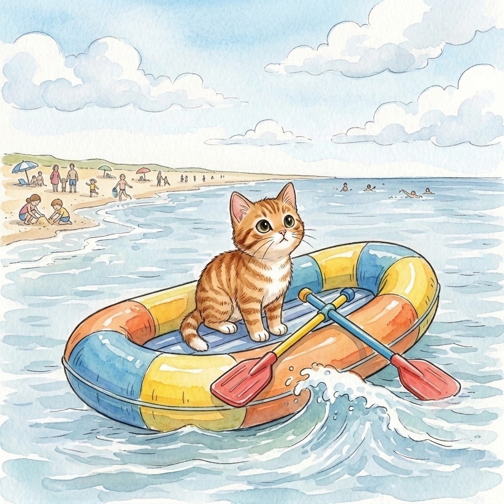 Beach Cat sits on a little boat near the coast