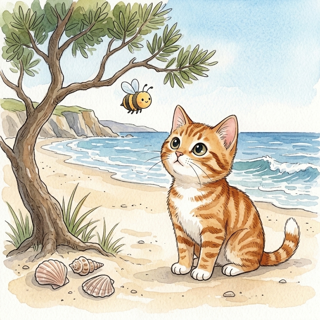 Beach Cat sees a bee by a tree