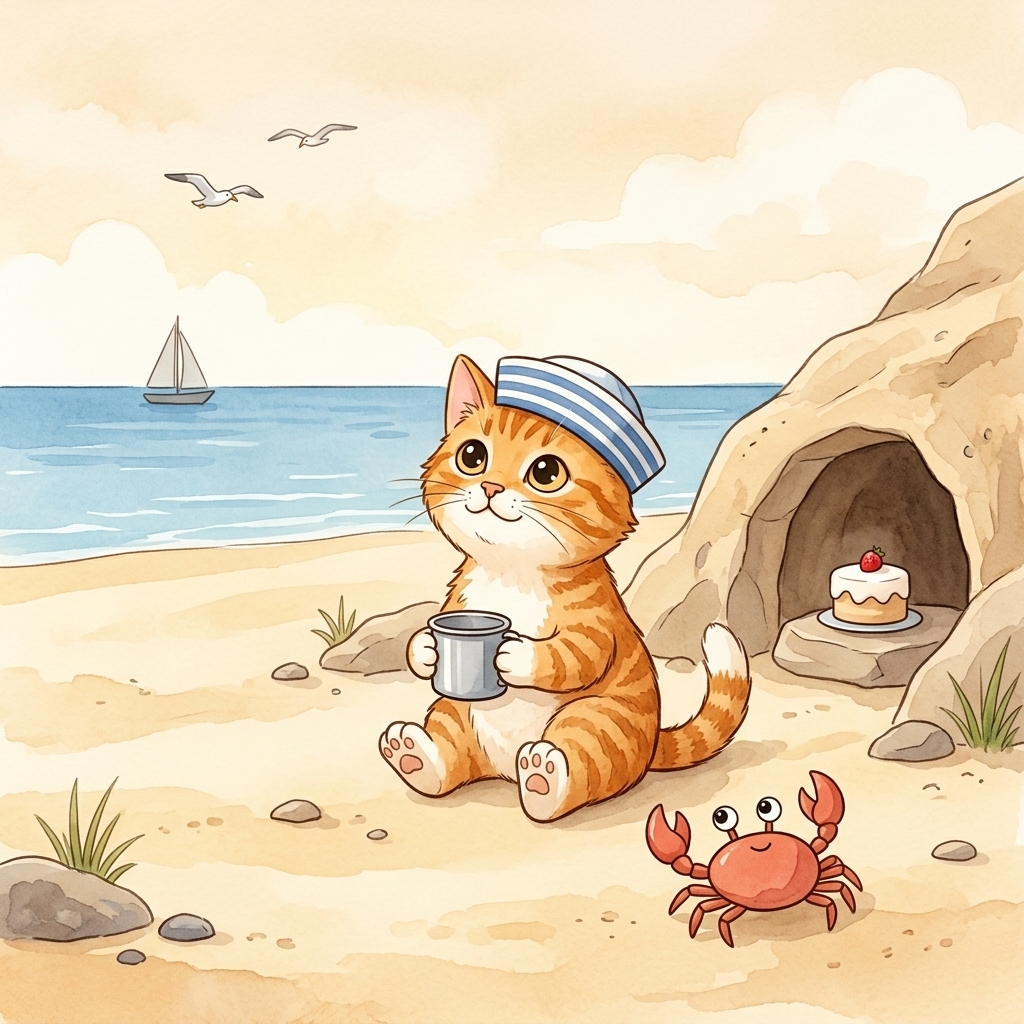 Cat in a simple story scene with cat, cup, cap