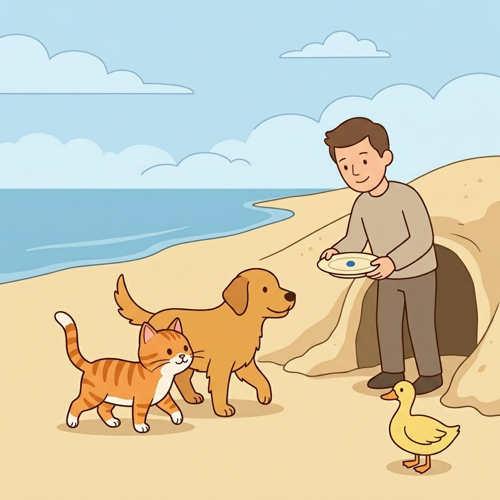 Cat in a simple story scene with dog, duck, dad