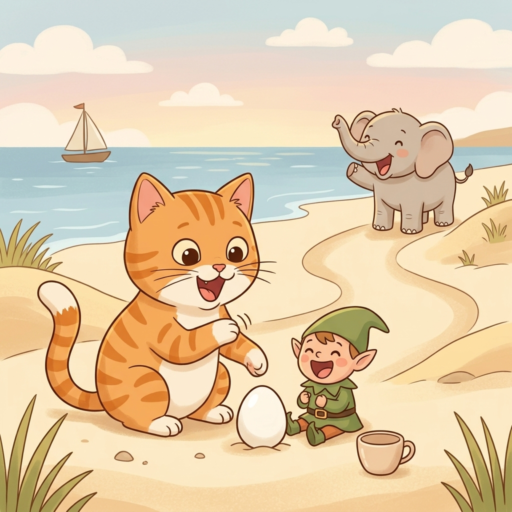 Cat in a simple story scene with egg, elephant, end
