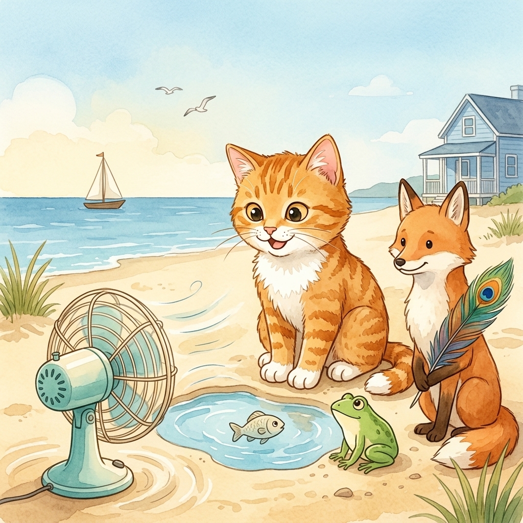 Cat in a simple story scene with fan, fish, fox