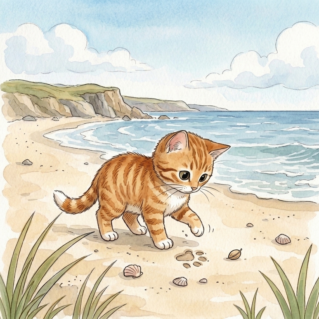 Beach Cat puts his feet in the sand