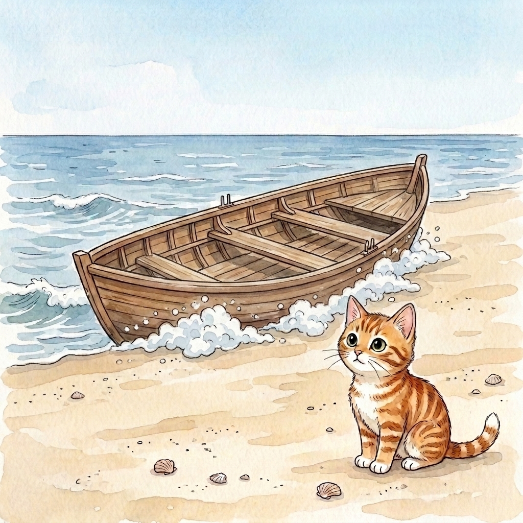 Beach Cat watches sea foam on a little boat by the coast
