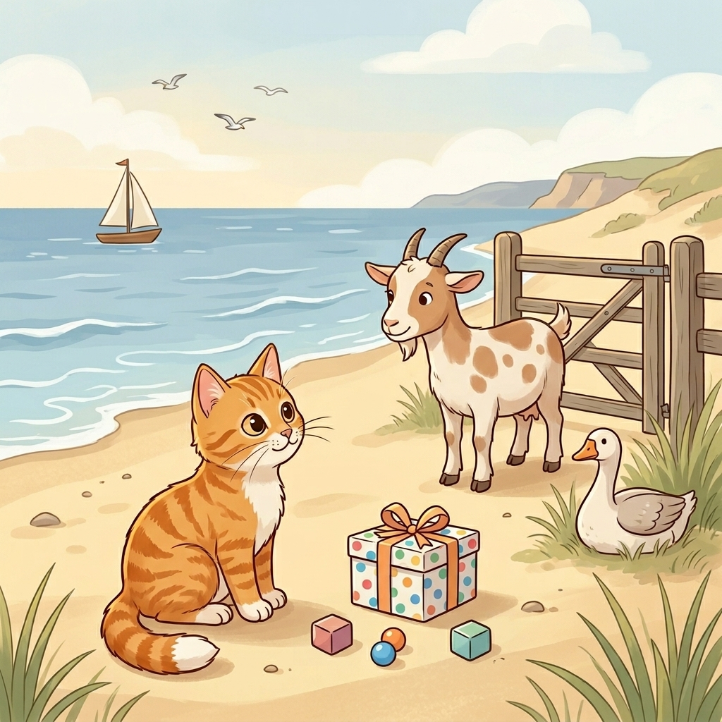 Cat in a simple story scene with goat, gum, gate