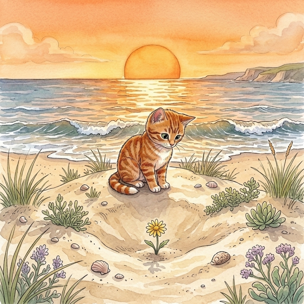 Beach Cat sits by a little yellow flower growing near the sand