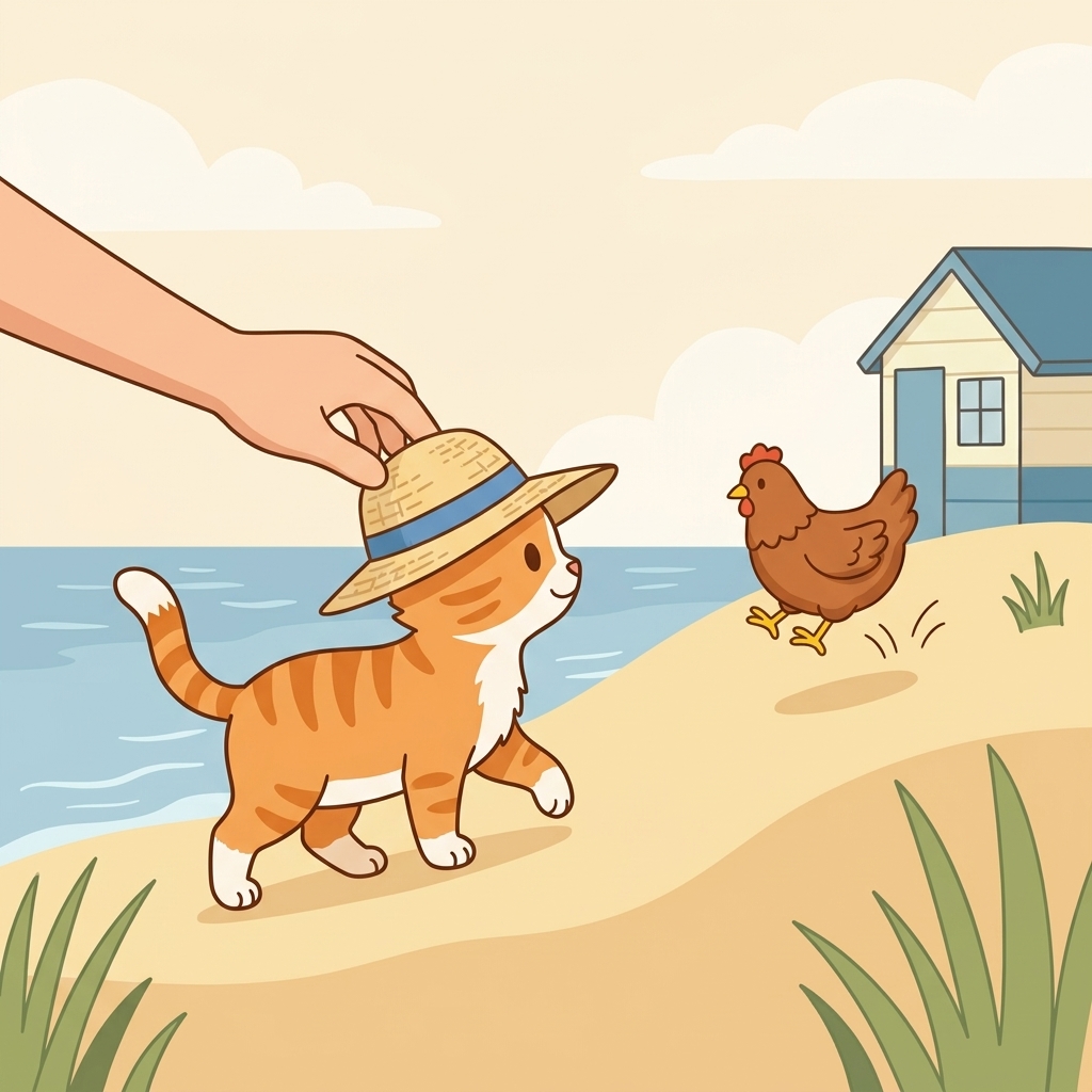 Cat in a simple story scene with hat, hen, hop