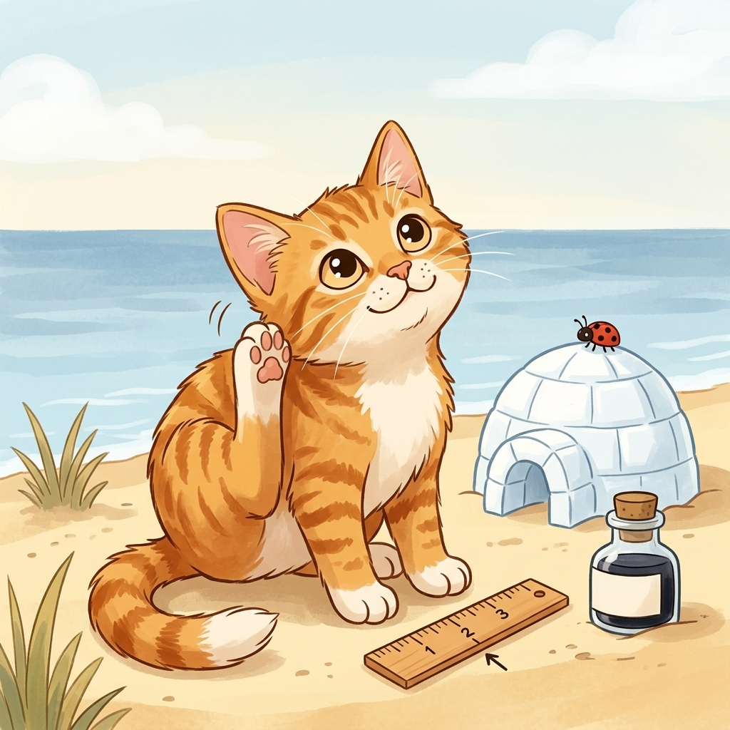 Cat in a simple story scene with igloo, insect, inch