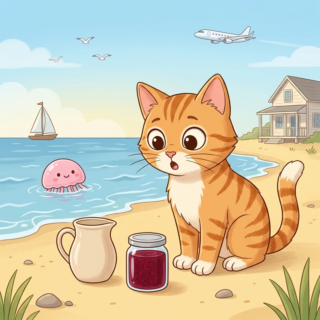 Cat in a simple story scene with jam, jet, jug