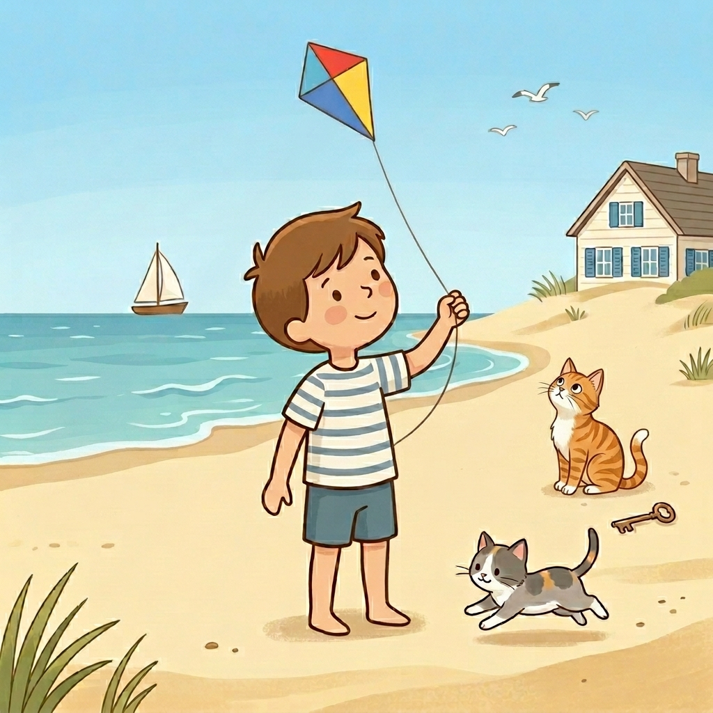Cat in a simple story scene with kite, kid, king