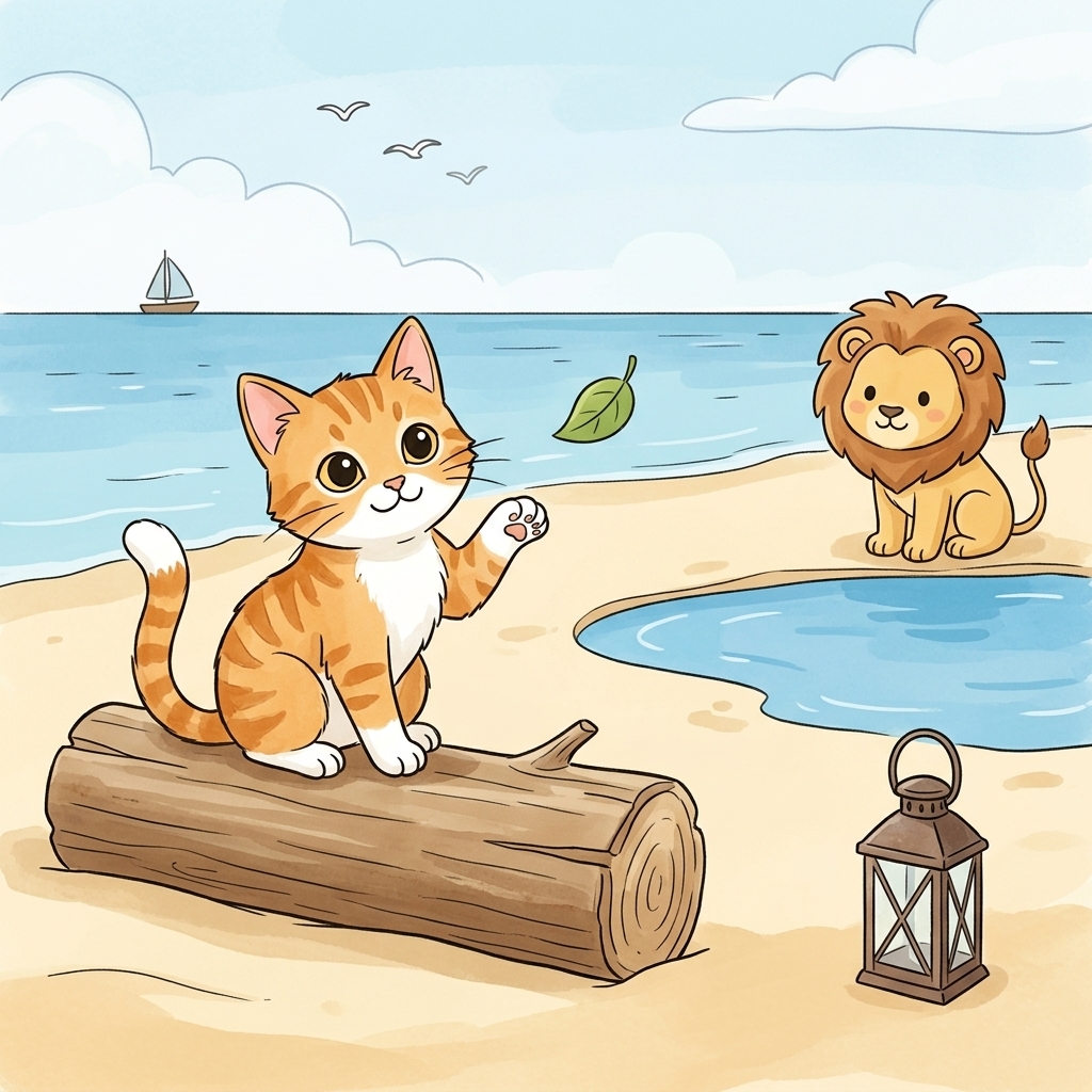 Cat in a simple story scene with log, leaf, lamp