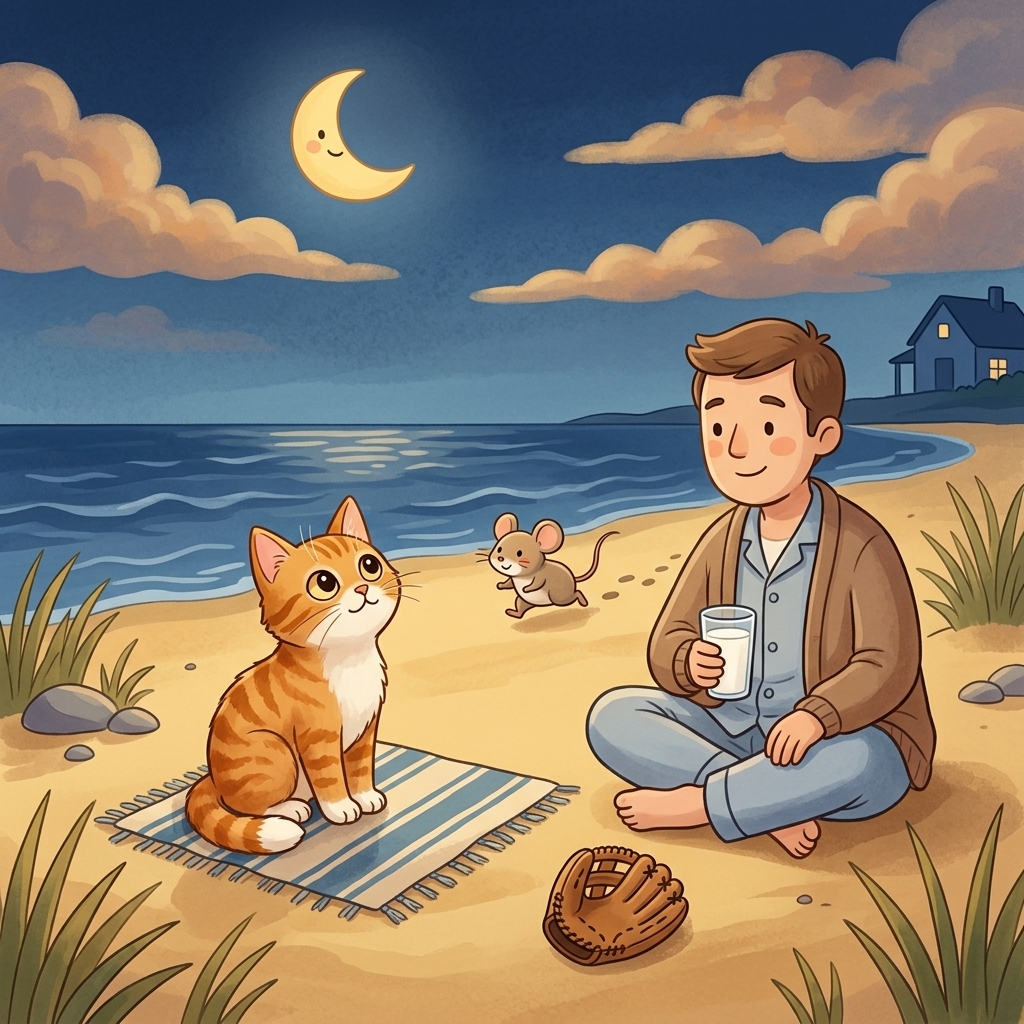 Cat in a simple story scene with mat, man, moon