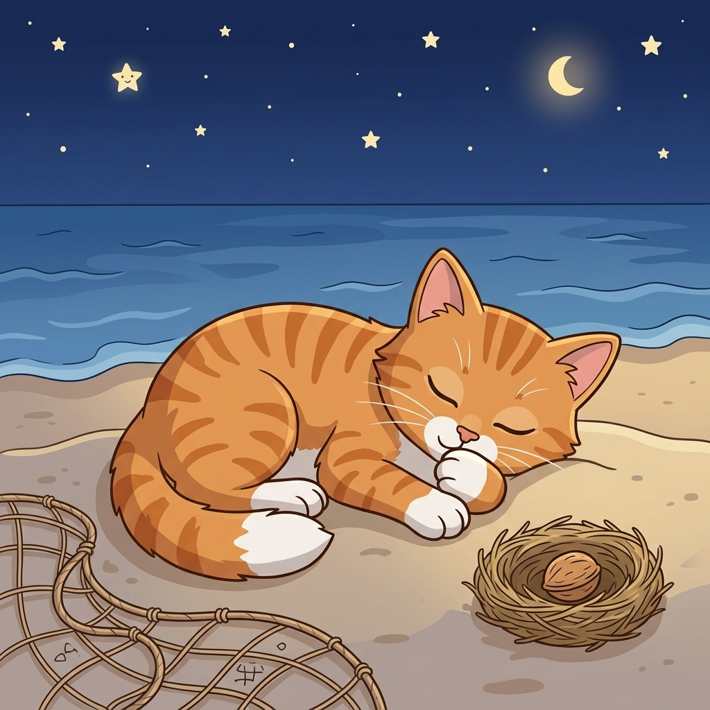 Cat in a simple story scene with net, nest, nap