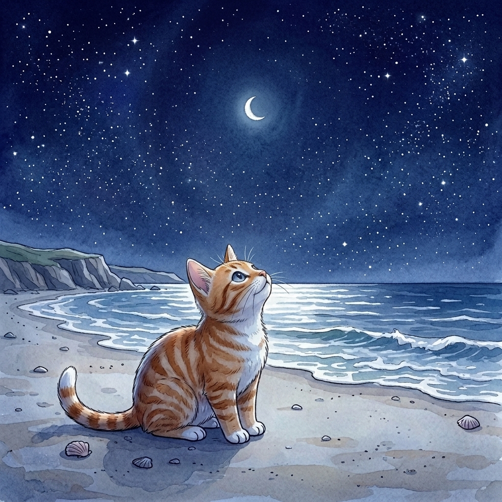 Beach Cat sees a soft bright light at night