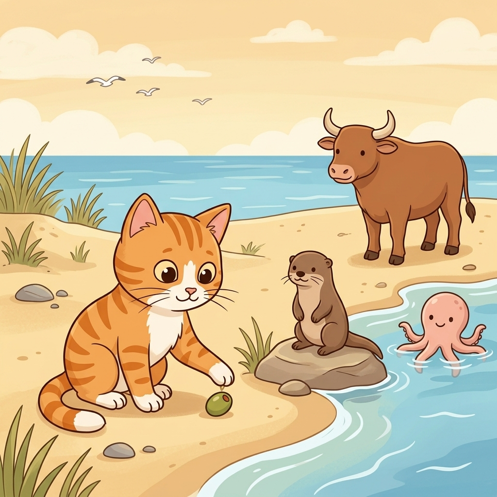 Cat in a simple story scene with octopus, ox, on