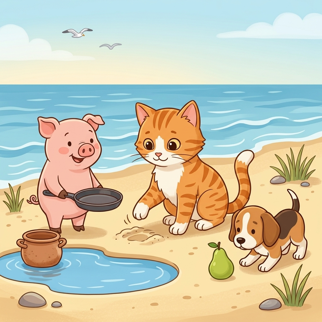 Cat in a simple story scene with pig, pan, pot