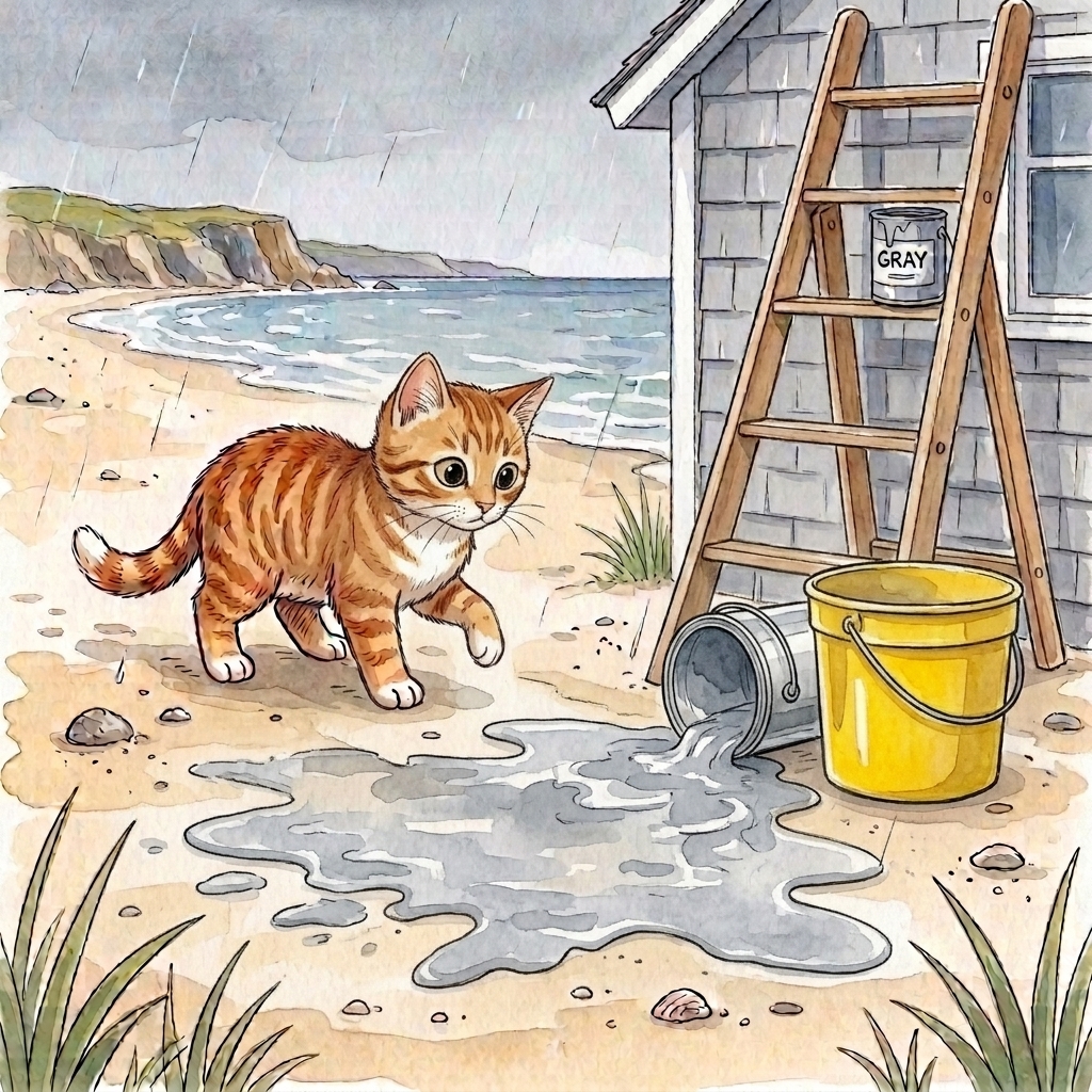 Beach Cat sees paint and a pail on the sand after soft rain