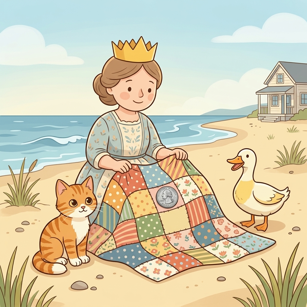 Cat in a simple story scene with queen, quilt, quack