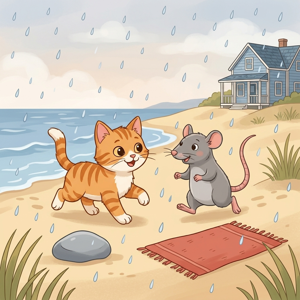 Cat in a simple story scene with rat, red, rug
