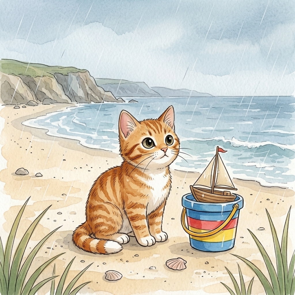 Beach Cat waits by a pail as soft rain falls on the sand