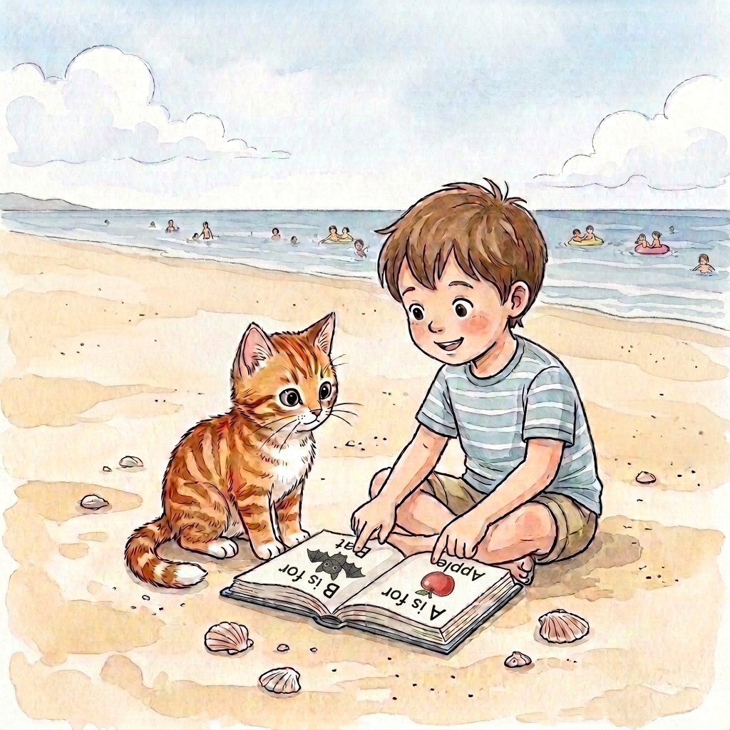 Beach Cat sits with a book by the sea