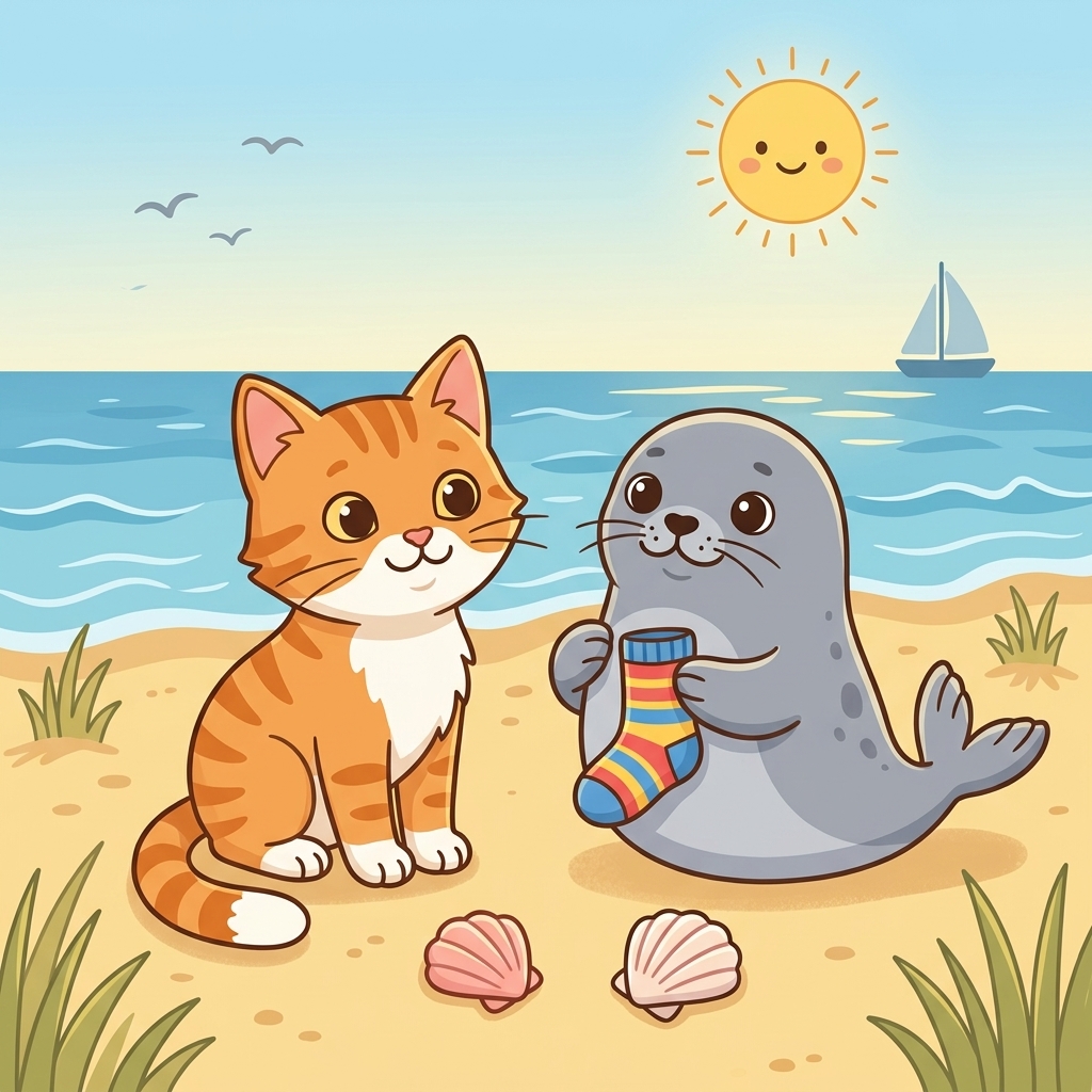 Cat in a simple story scene with sun, sand, sock