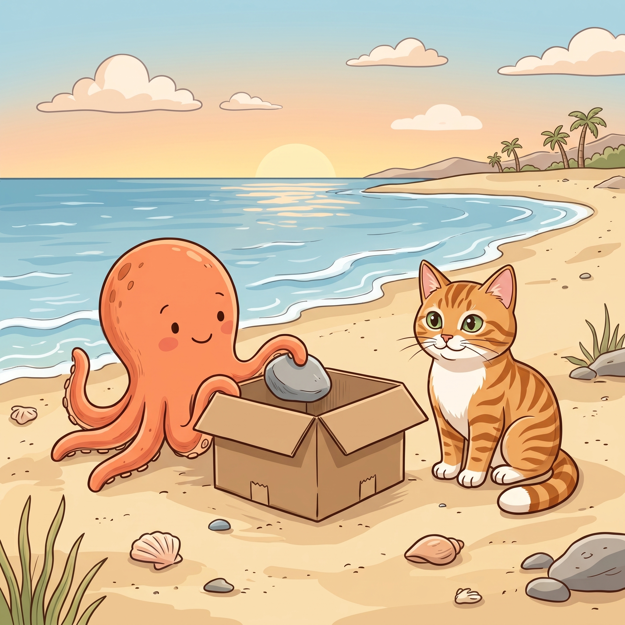 Octopus putting a rock in a box while Cat watches on the beach