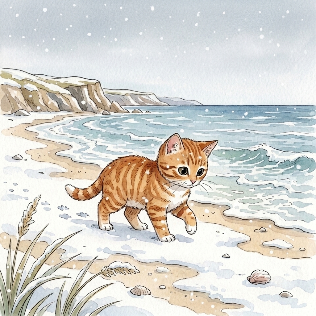 Beach Cat sees soft snow by the shore