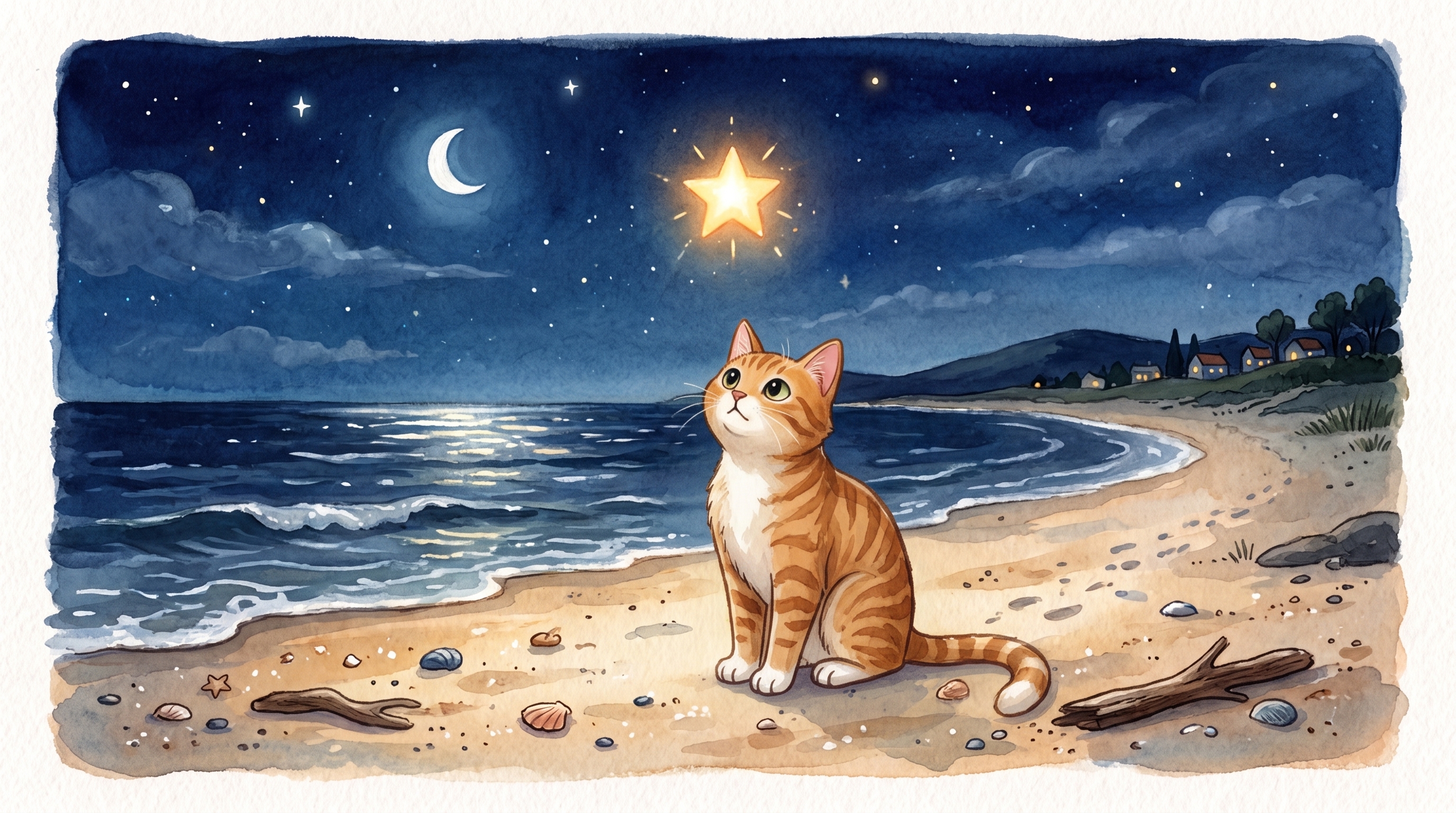 Beach Cat sees a bright star while standing still on the sand