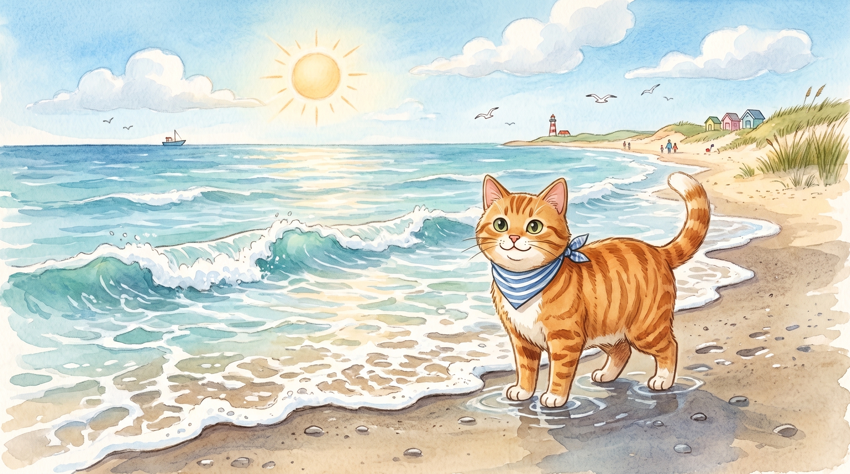 Beach Cat steps back from warm sand and stands on cool sand by the shore