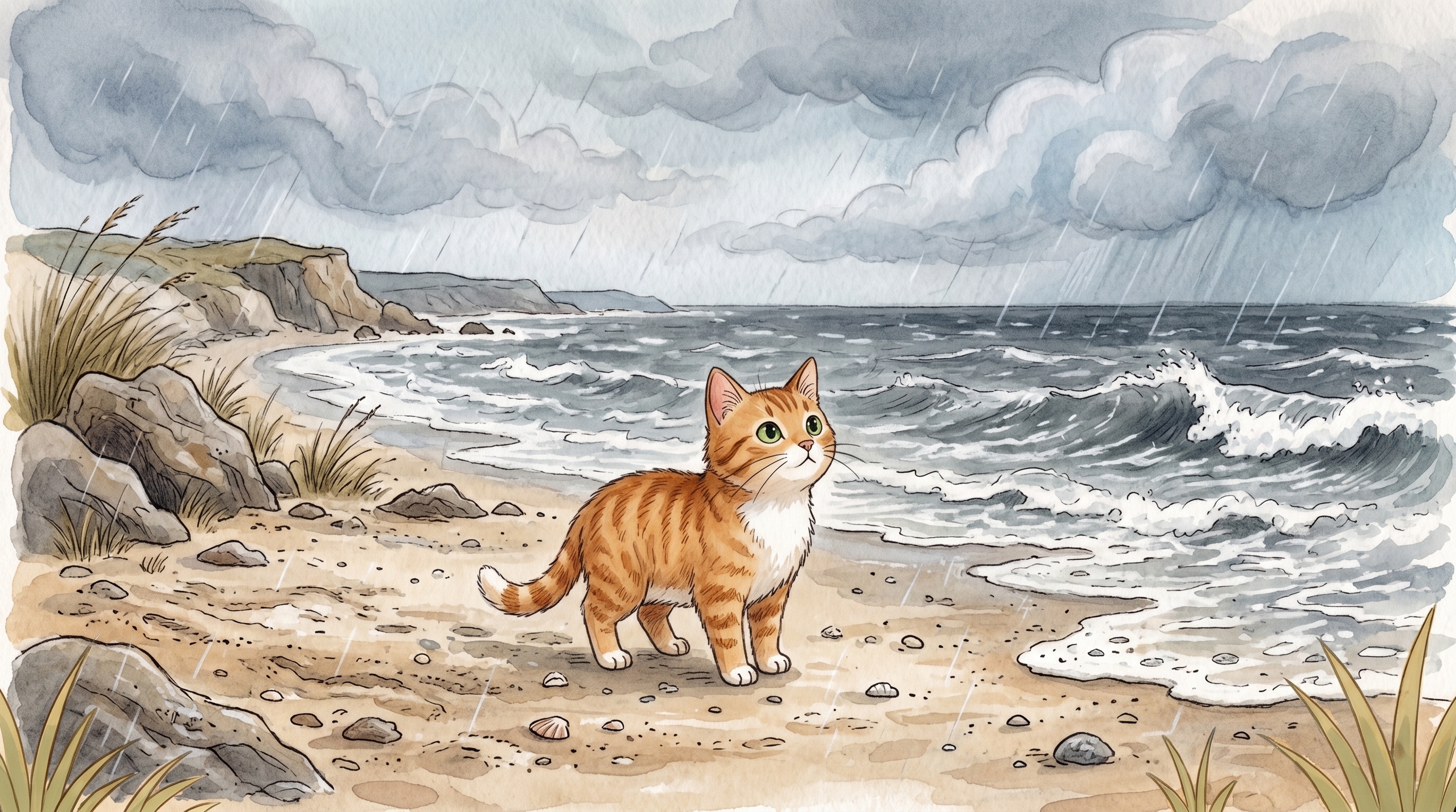 Beach Cat stays still by the shore during a soft storm