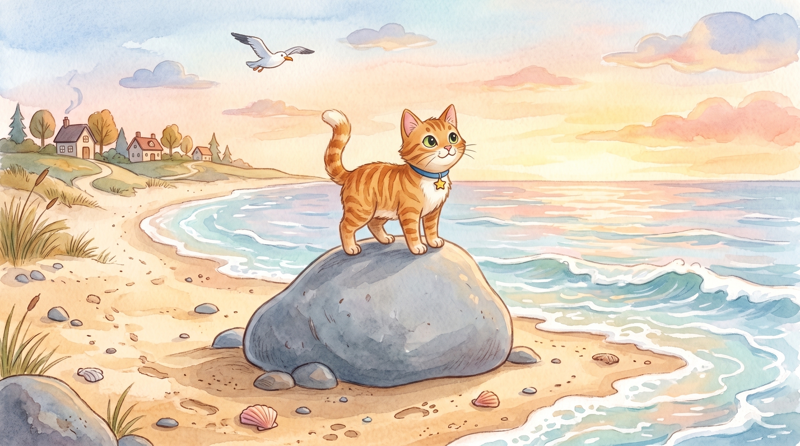 Beach Cat steps onto a smooth stone by the shore