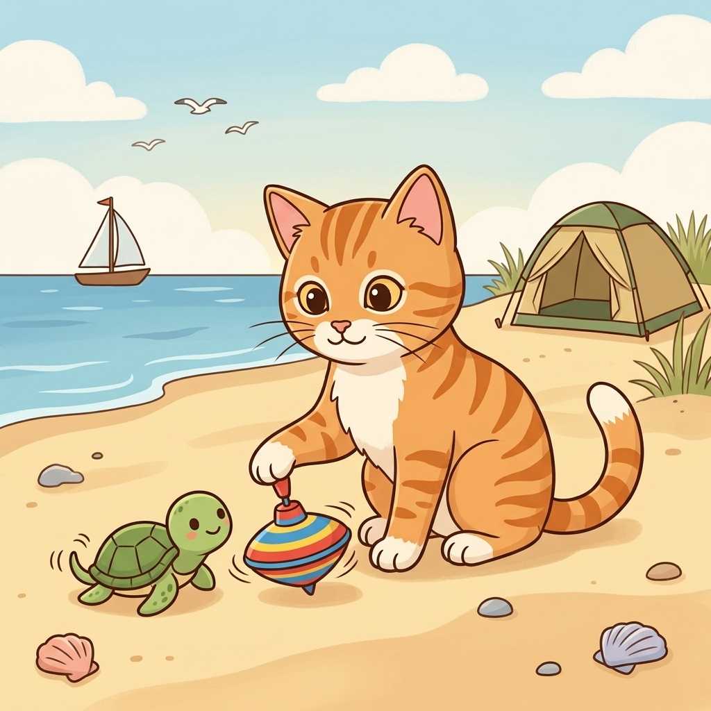 Cat in a simple story scene with top, ten, tent