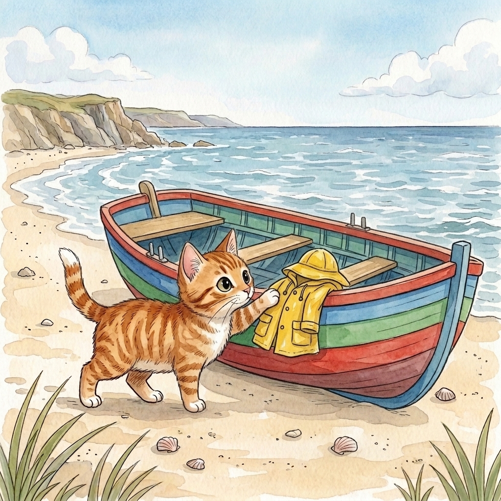 Beach Cat finds a coat by the coast
