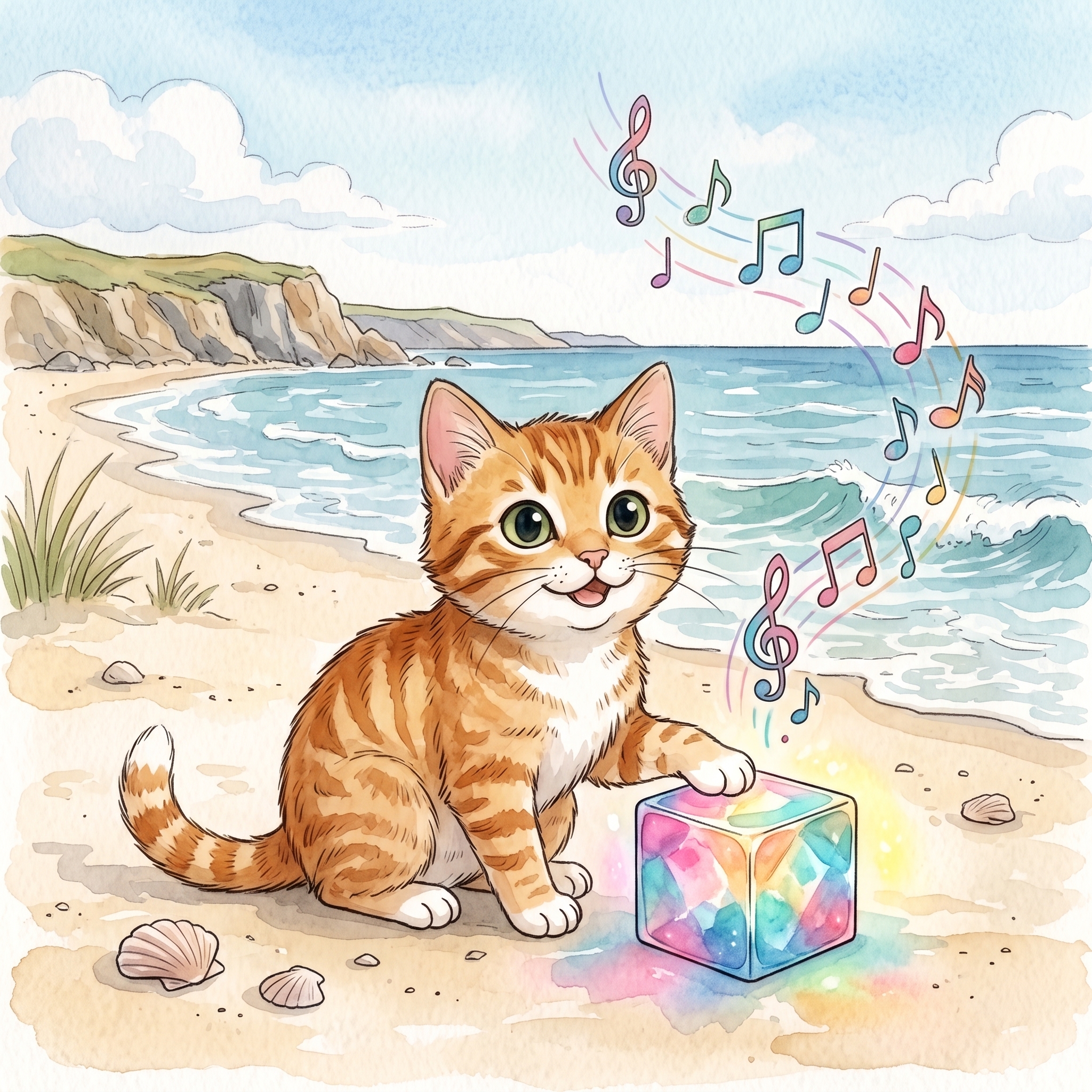 Beach Cat looks at a cute cube on the sand