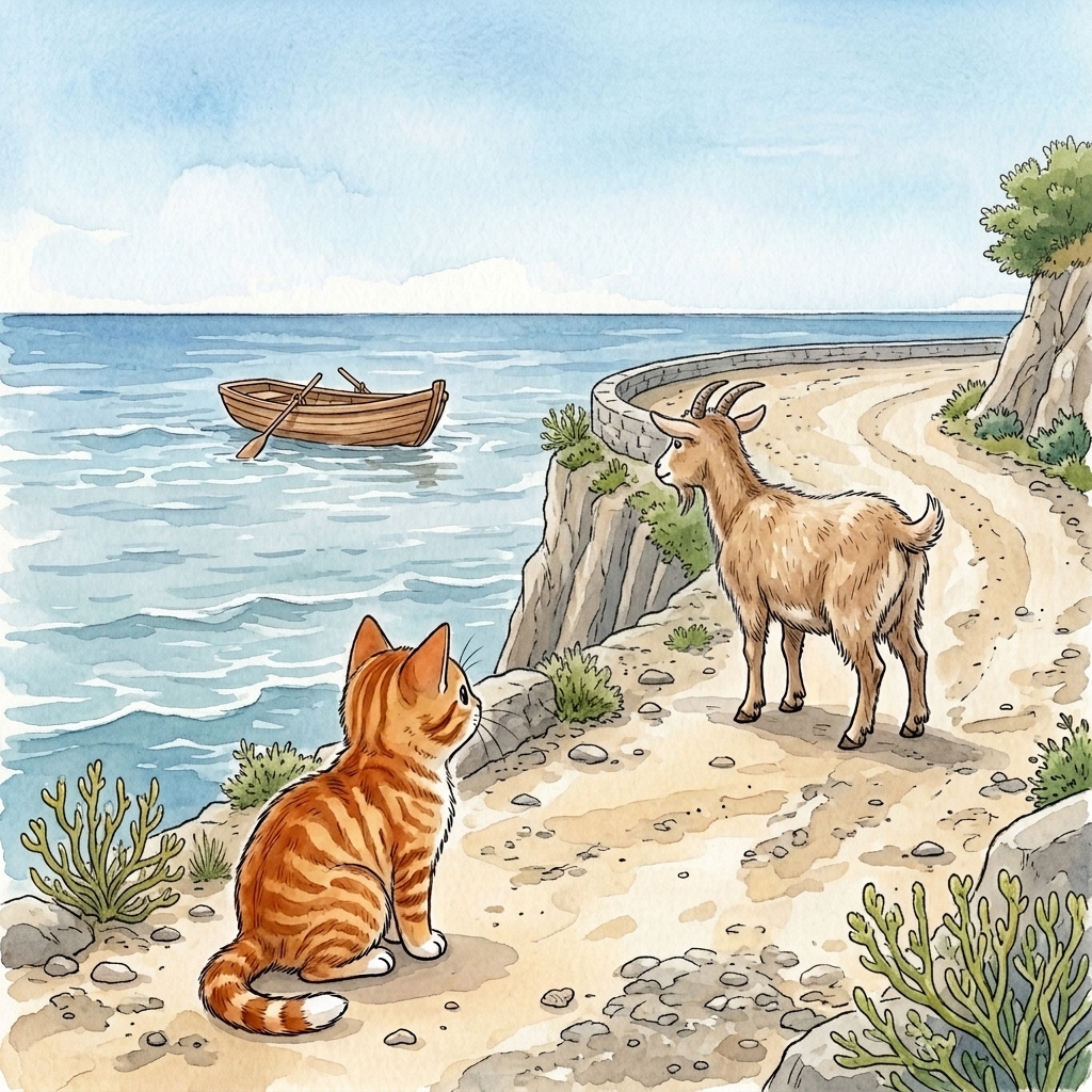 A small goat stands on a sandy road near the shore
