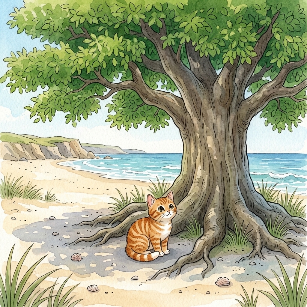 Beach Cat sits near a green tree