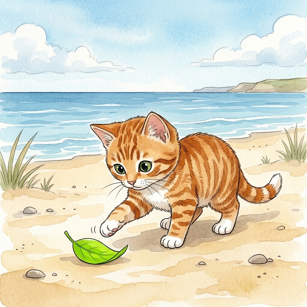 Beach Cat finds a green leaf on the beach